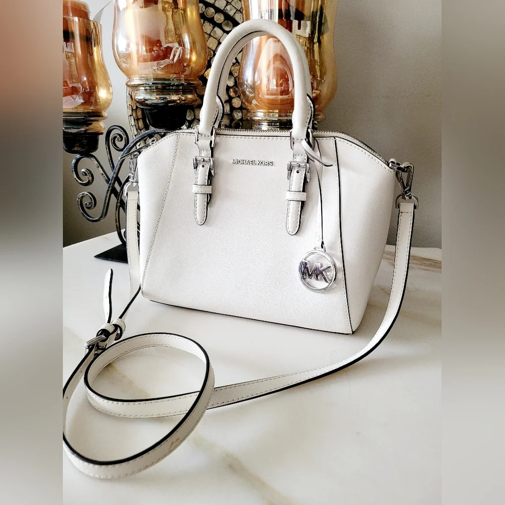 Michael Kors Ciara Optic White Crossbody/Satchel Silver Logo Medium 11